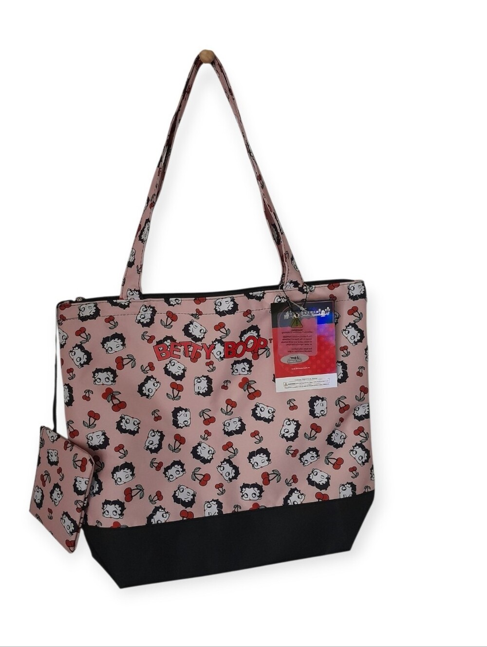 Betty Boop Pink Cherry Print Canvas Tote Bag With Attached Coin Pouch NWT